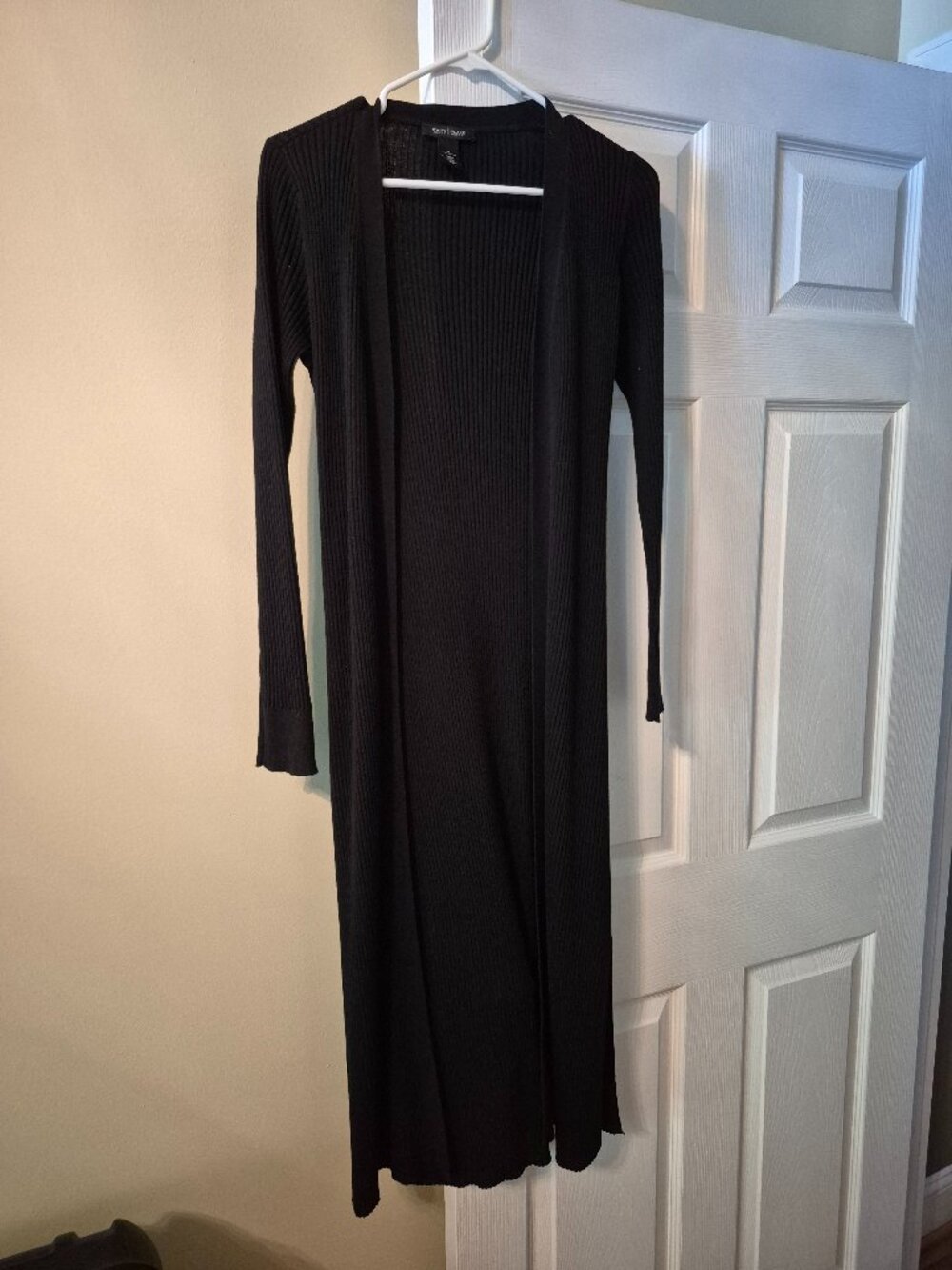 White House Black Market very long black ribbed cardigan
